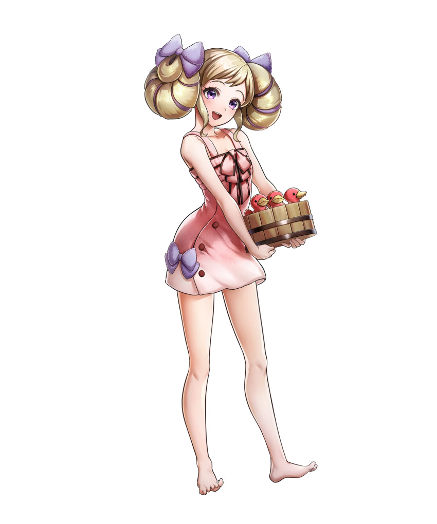 1girl, bangs, bare_legs, bare_shoulders, barefoot, blonde_hair, breasts, bucket