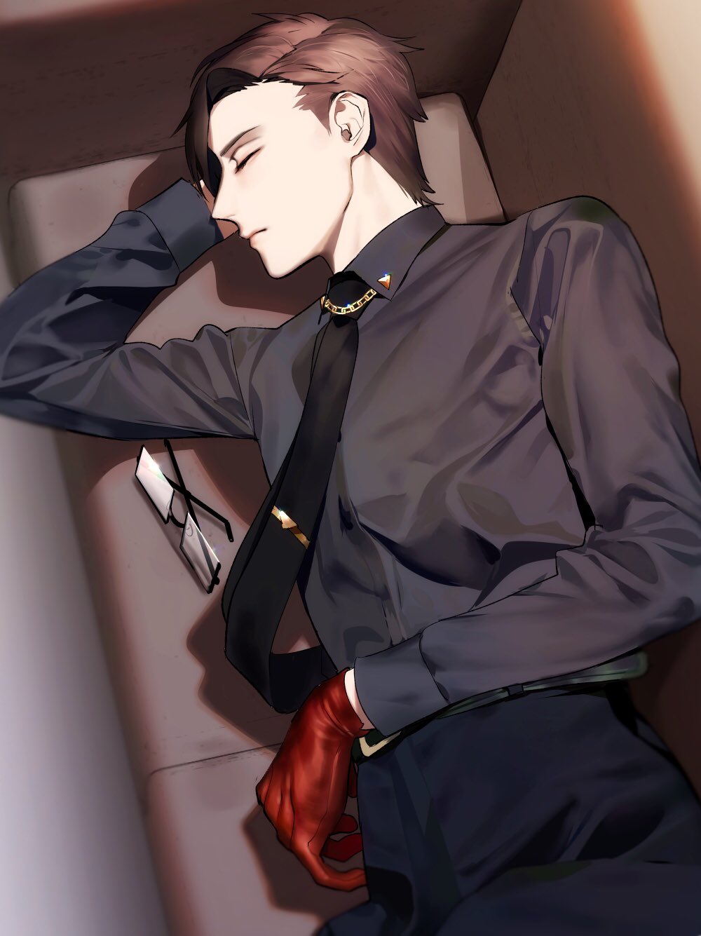 1boy, black-framed_eyewear, black_neckwear, black_pants, black_shirt, brown_hair, closed_mouth, couch