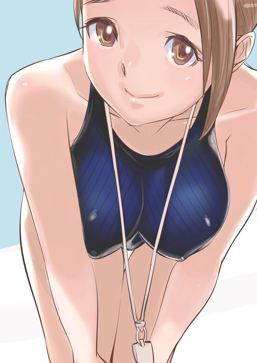 1girl, breasts, brown_eyes, brown_hair, cleavage, collarbone, competition_swimsuit, covered_nipples, dytm, hanging_breasts, large_breasts, leaning_forward, looking_at_viewer, one-piece_swimsuit, pool_monitor_part-timer_(dytm), skin_tight, smile, solo, swimsuit, thigh_gap, whistle