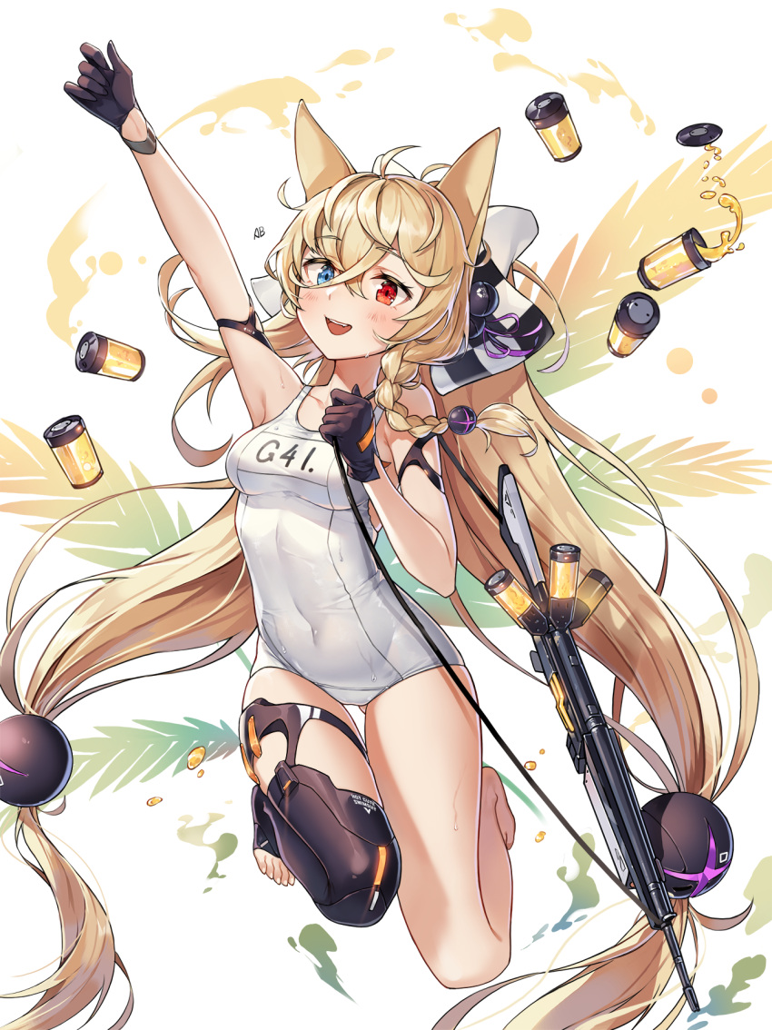 1girl, aliceblue, alternate_costume, alternate_hairstyle, animal_ears, arm_strap, arm_up, assault_rifle