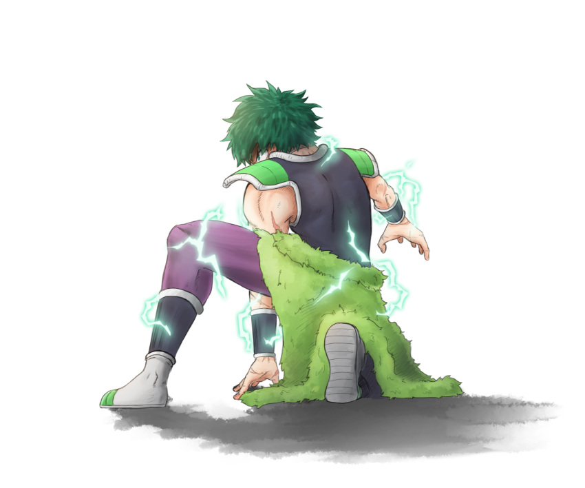 1boy, boku_no_hero_academia, broly_(dragon_ball_super), broly_(dragon_ball_super)_(cosplay), cosplay, dragon_ball, dragon_ball_super_broly, drawfag, electricity, full_body, green_eyes, green_hair, highres, midoriya_izuku, pants, purple_pants, scar, shoes, solo, wristband