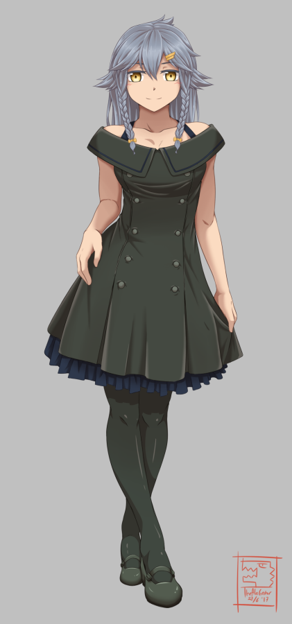 1girl, bare_shoulders, black_dress, black_legwear, braid, curtsey, dress, dress_lift