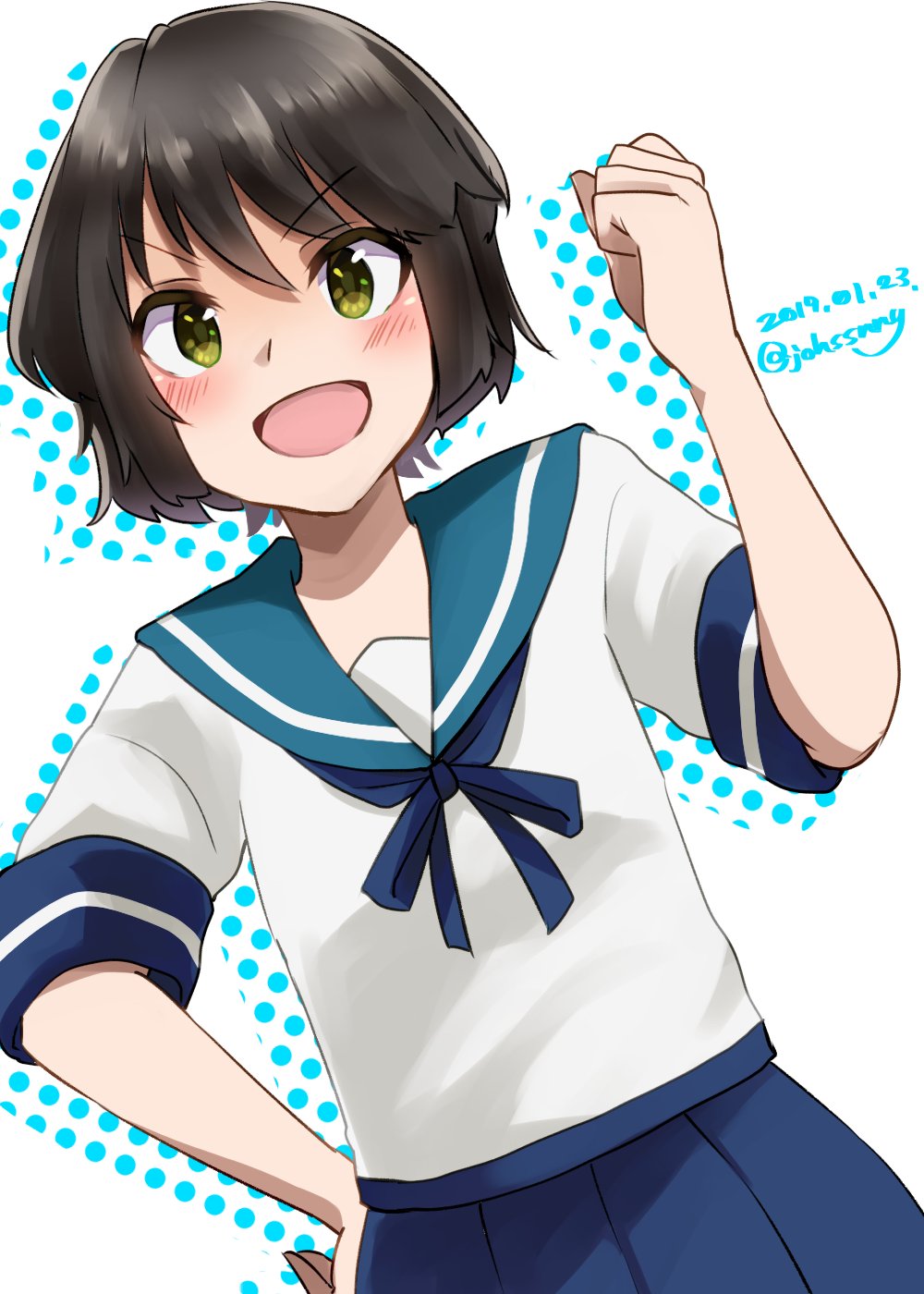 1girl, black_hair, blue_sailor_collar, blue_skirt, brown_eyes, commentary_request, cowboy_shot, dated