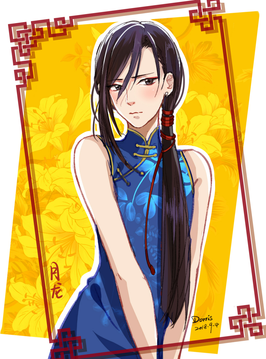 1boy, 2018, androgynous, banana_fish, black_hair, blush, brown_eyes, china_dress