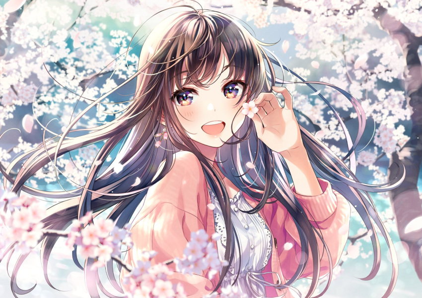 1girl, bangs, blue_sky, blurry, blurry_background, blurry_foreground, blush, breasts