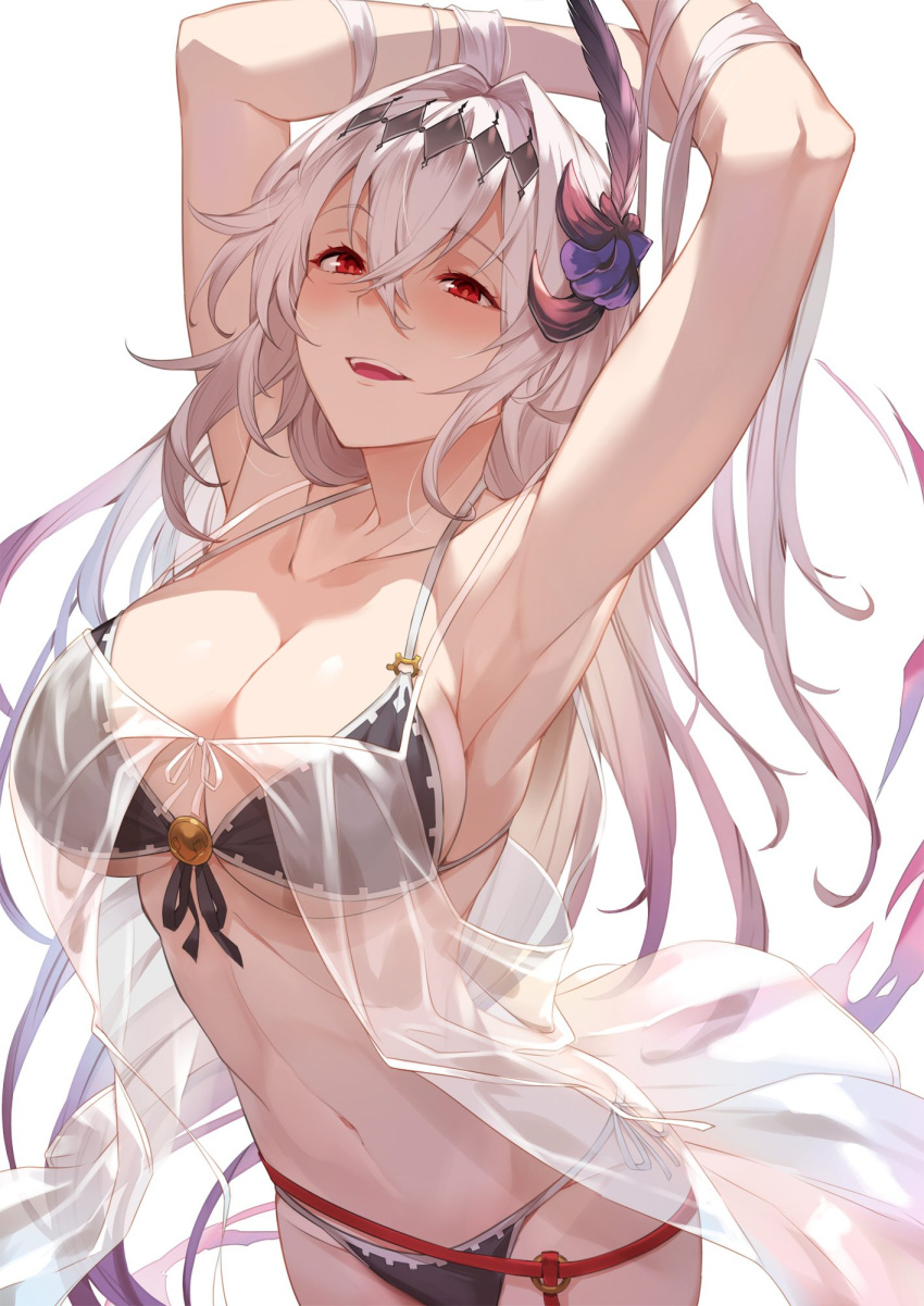 1girl, armpits, arms_behind_head, arms_up, bangs, bare_shoulders, bikini, black_bikini