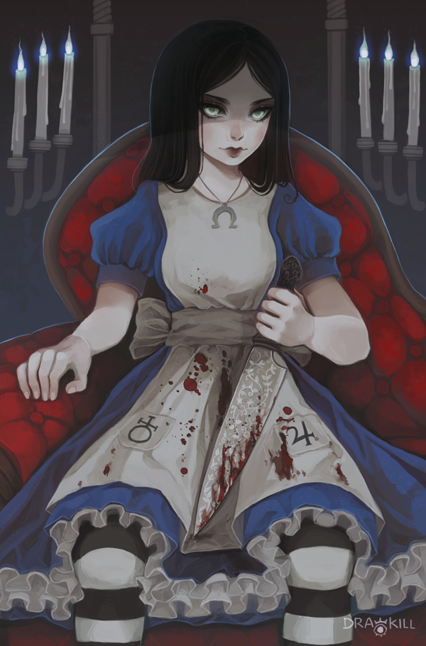 1girl, alice_(wonderland), alice_in_wonderland, artist_name, black_hair, blood, bloody_knife, blue_dress