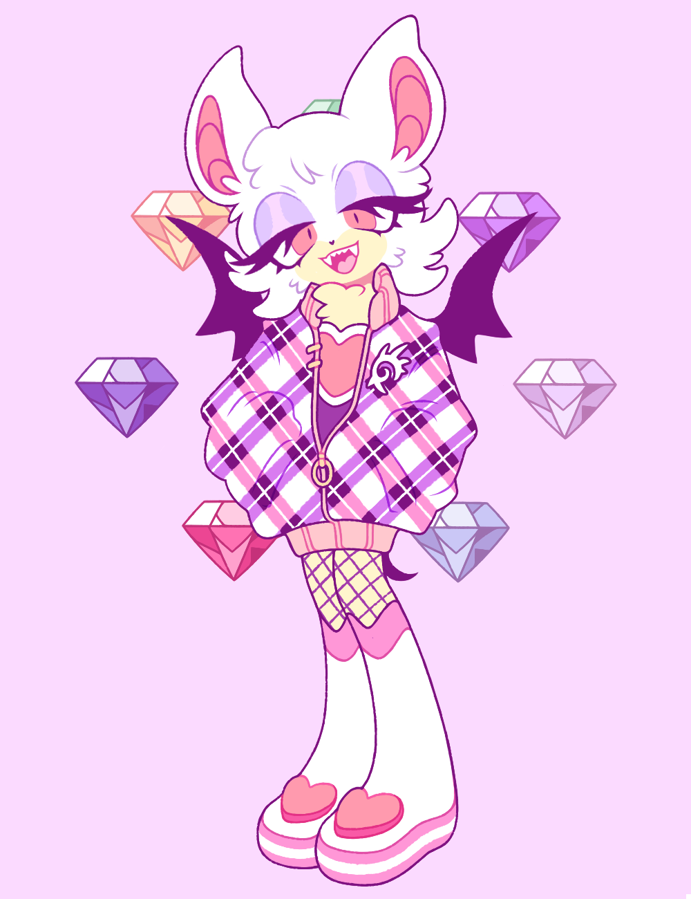 1girl, animal_ears, anthro, bat, bat_wings, chaos_emerald, eyelashes, fangs