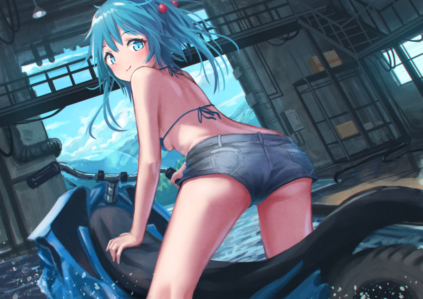 1girl, arm_support, ass, bangs, bare_arms, bare_shoulders, bikini, blue_bikini