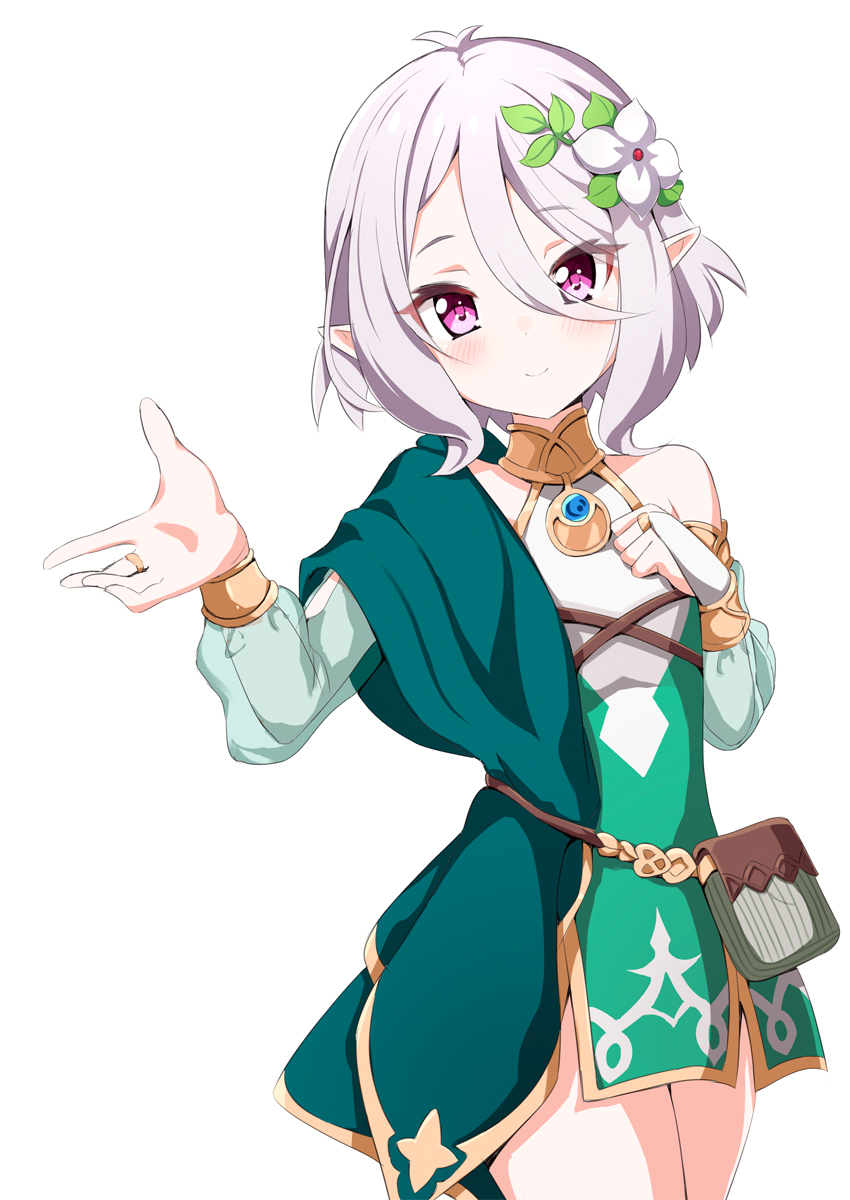 1girl, ame., antenna_hair, bangs, blush, bridal_gauntlets, closed_mouth, commentary_request, cowboy_shot, detached_sleeves, dress, eyebrows_visible_through_hair, flower, green_dress, green_sleeves, hair_between_eyes, hair_flower, hair_ornament, hands_up, head_tilt, highres, kokkoro_(princess_connect!), long_sleeves, looking_at_viewer, pointy_ears, princess_connect!, princess_connect!_re:dive, puffy_long_sleeves, puffy_sleeves, see-through, see-through_sleeves, silver_hair, simple_background, sleeveless, sleeveless_dress, smile, solo, violet_eyes, white_background, white_flower