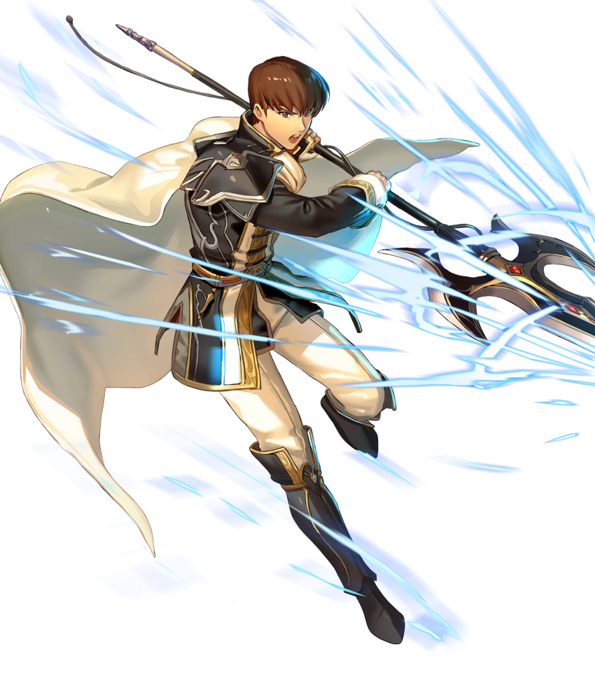 1boy, aoji_(aoji-web), armored_boots, belt, boots, brown_eyes, brown_hair, cape