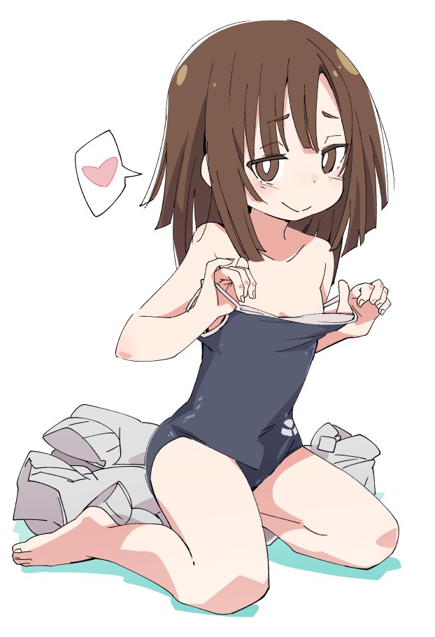 1girl, bare_shoulders, barefoot, blush, brown_eyes, brown_hair, closed_eyes, collarbone, eyebrows_visible_through_hair, heart, ixy, kitanaga, legs, looking_at_viewer, monogatari_(series), one-piece_swimsuit, sengoku_nadeko, short_hair, simple_background, sitting, smile, solo, spoken_heart, swimsuit, thighs, ueno-san_wa_bukiyou, wariza, white_background