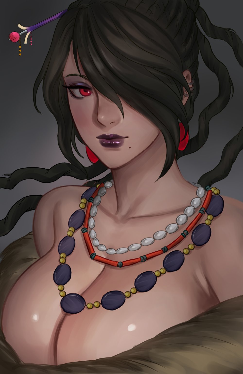 1girl, bare_shoulders, black_hair, breasts, cleavage, collarbone, commentary, dress, english_commentary, eyeshadow, face, final_fantasy, final_fantasy_x, fur_trim, grey_background, hair_ornament, hair_over_one_eye, highres, jewelry, large_breasts, lipstick, long_hair, looking_at_viewer, lulu_(ff10), makeup, mole, mole_under_mouth, necklace, one_eye_covered, portrait, purple_lipstick, red_eyes, soffa, solo