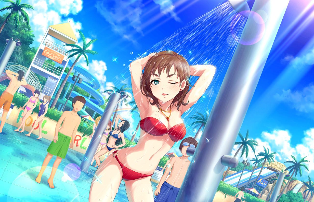 3boys, 6girls, armpits, bikini, bluah, brown_hair, green_eyes, idolmaster