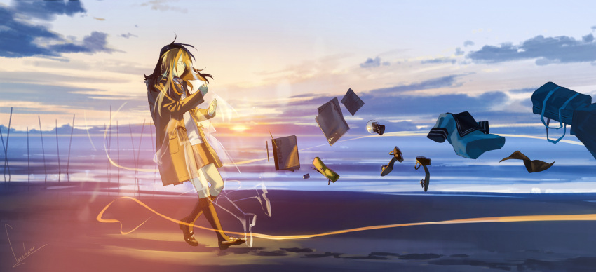 2girls, bag, beach, black_legwear, brown_hair, clouds, coat, crying