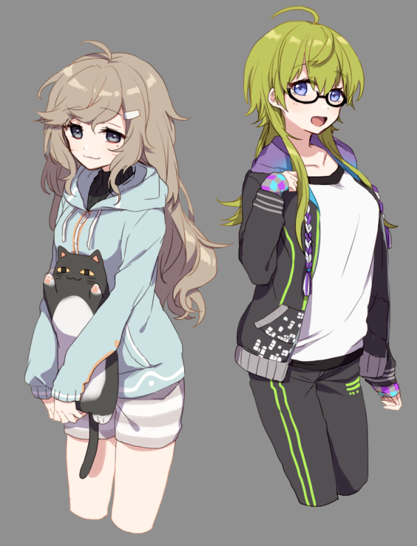 2girls, :d, ahoge, bangs, black-framed_eyewear, black_jacket, black_pants, blue_eyes