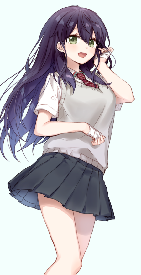 1girl, :d, bandage, bandaged_hands, bandages, bangs, black_skirt, blue_background