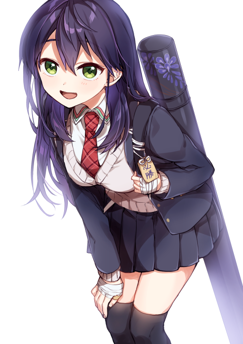 1girl, :d, bandage, bandaged_hands, bandages, bangs, black_jacket, black_legwear