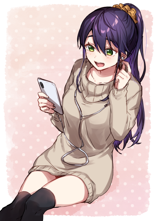 1girl, :d, bangs, black_legwear, blush, breasts, brown_sweater, cellphone