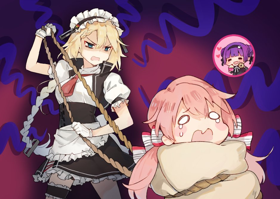3girls, =_=, angry, apron, arm_up, blonde_hair, blue_eyes, breasts, carcano_m91/38_(girls_frontline), chibi, commentary_request, doughnut, eating, food, g36_(girls_frontline), girls_frontline, gloves, heart, long_braid, long_hair, low_twintails, m1891_(girls_frontline), maid_headdress, multiple_girls, necktie, open_mouth, pink_hair, popcorn, purple_hair, rope, shaded_face, shuzi, tears, twintails, white_gloves, younger