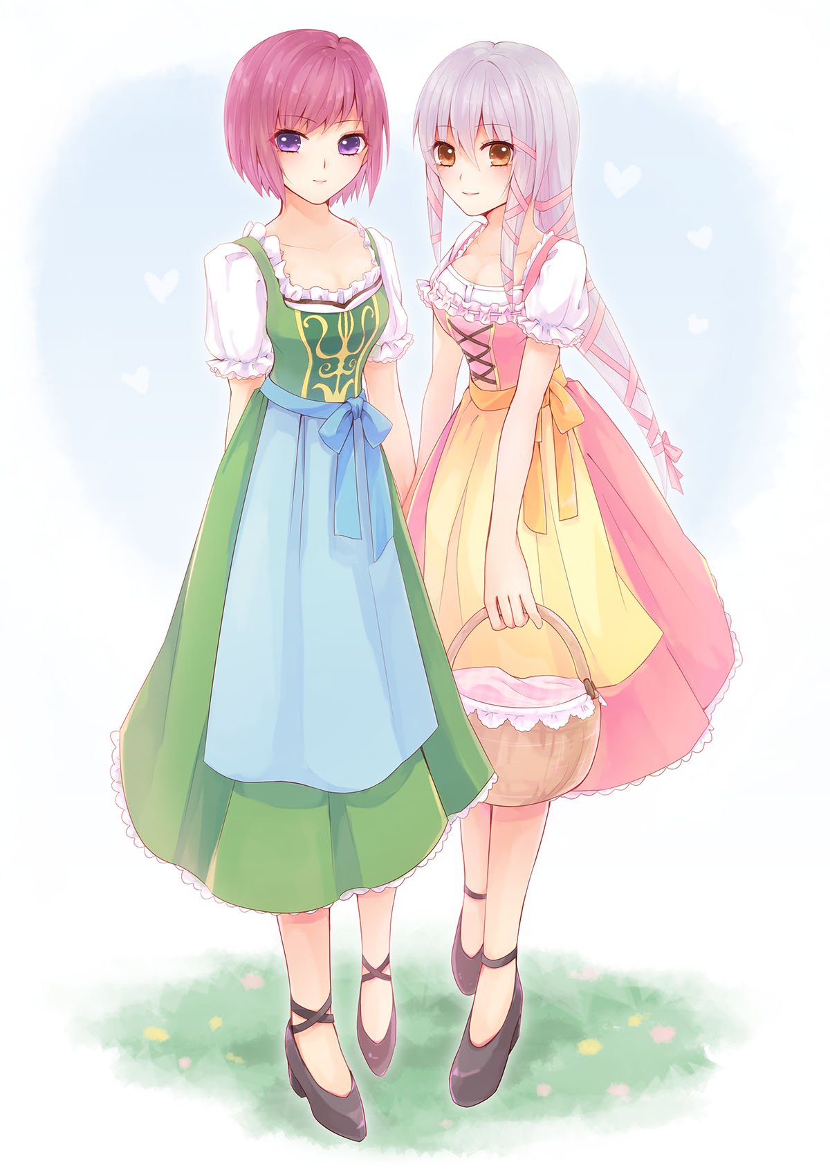 2girls, alternate_costume, breasts, clair_lasbard, cleavage, commentary_request, dirndl, german_clothes