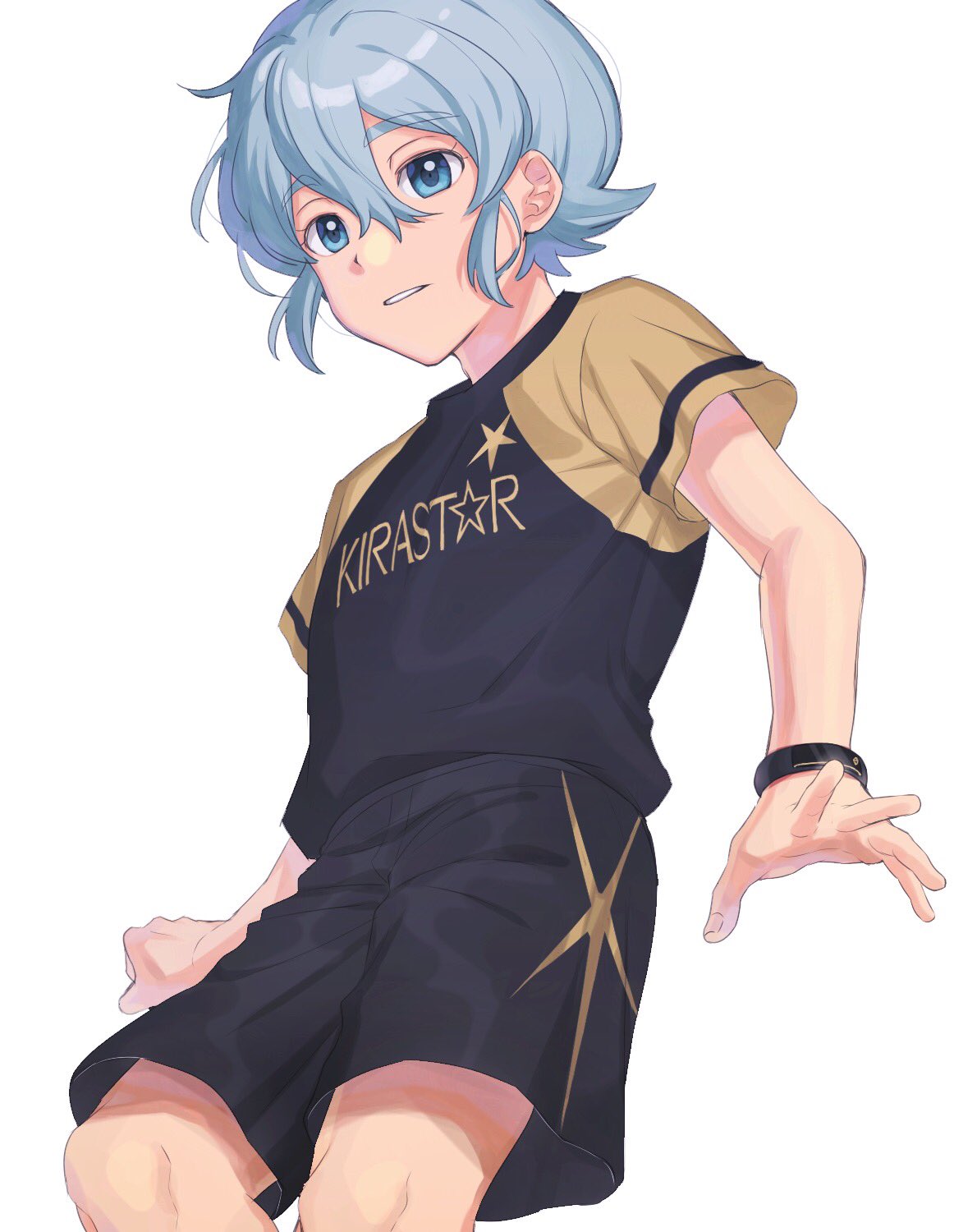 1boy, blue_eyes, blue_hair, chiba_(satochikasmart), eyebrows_visible_through_hair, hair_between_eyes, highres, inazuma_eleven_(series), inazuma_eleven_ares_no_tenbin, looking_at_viewer, male_focus, open_mouth, saotome_seiya, shorts, soccer_uniform, solo, sportswear