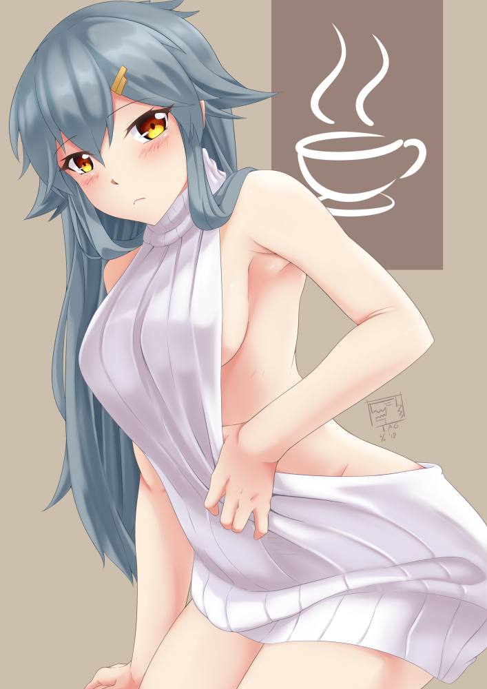 1girl, arm_support, armpits, blush, breasts, brown_eyes, grey_hair, groin