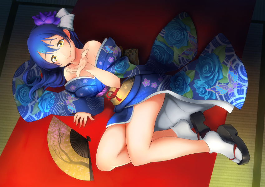 1girl, absurdres, bangs, bare_shoulders, blue_hair, blue_kimono, blush, commentary_request