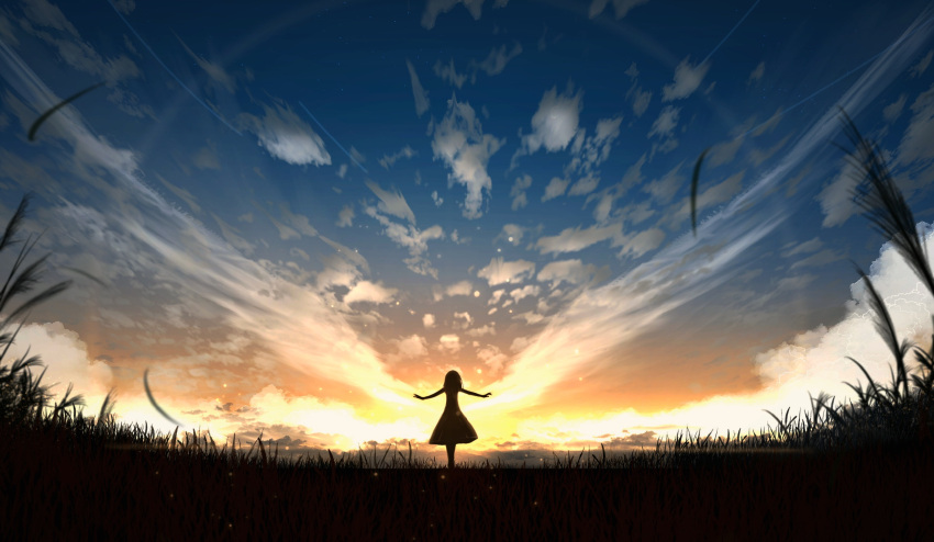 1girl, adsuger, blurry, clouds, cloudy_sky, depth_of_field, dress, facing_away, grass, highres, horizon, nature, original, outdoors, outstretched_arms, scenery, short_hair, sky, solo, standing, star_(sky), starry_sky, sun, sunlight, sunset, wind, wind_lift