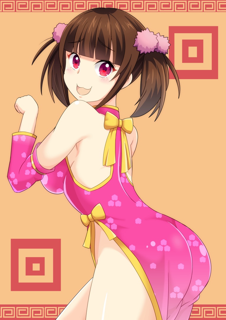1girl, bare_shoulders, blush, breasts, brown_hair, butt_crack, china_dress, chinese_clothes