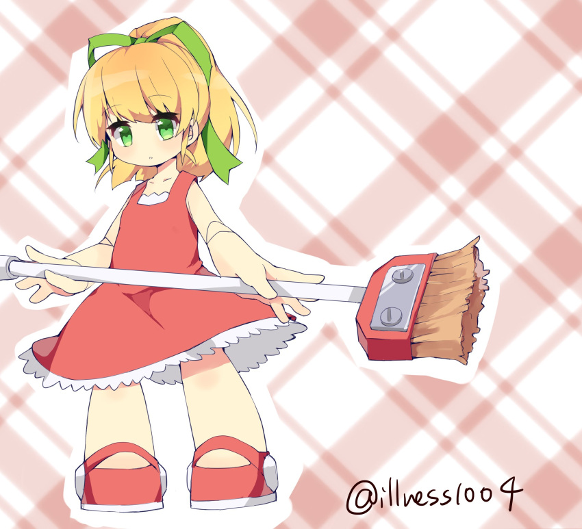 1girl, android, bangs, blonde_hair, blush, broom, capcom, child