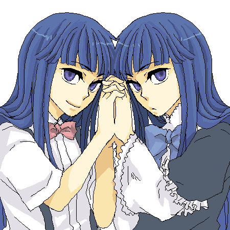 blue_eyes, blue_hair, dual_persona, frederica_bernkastel, frills, furude_rika, hand_holding, higurashi_no_naku_koro_ni