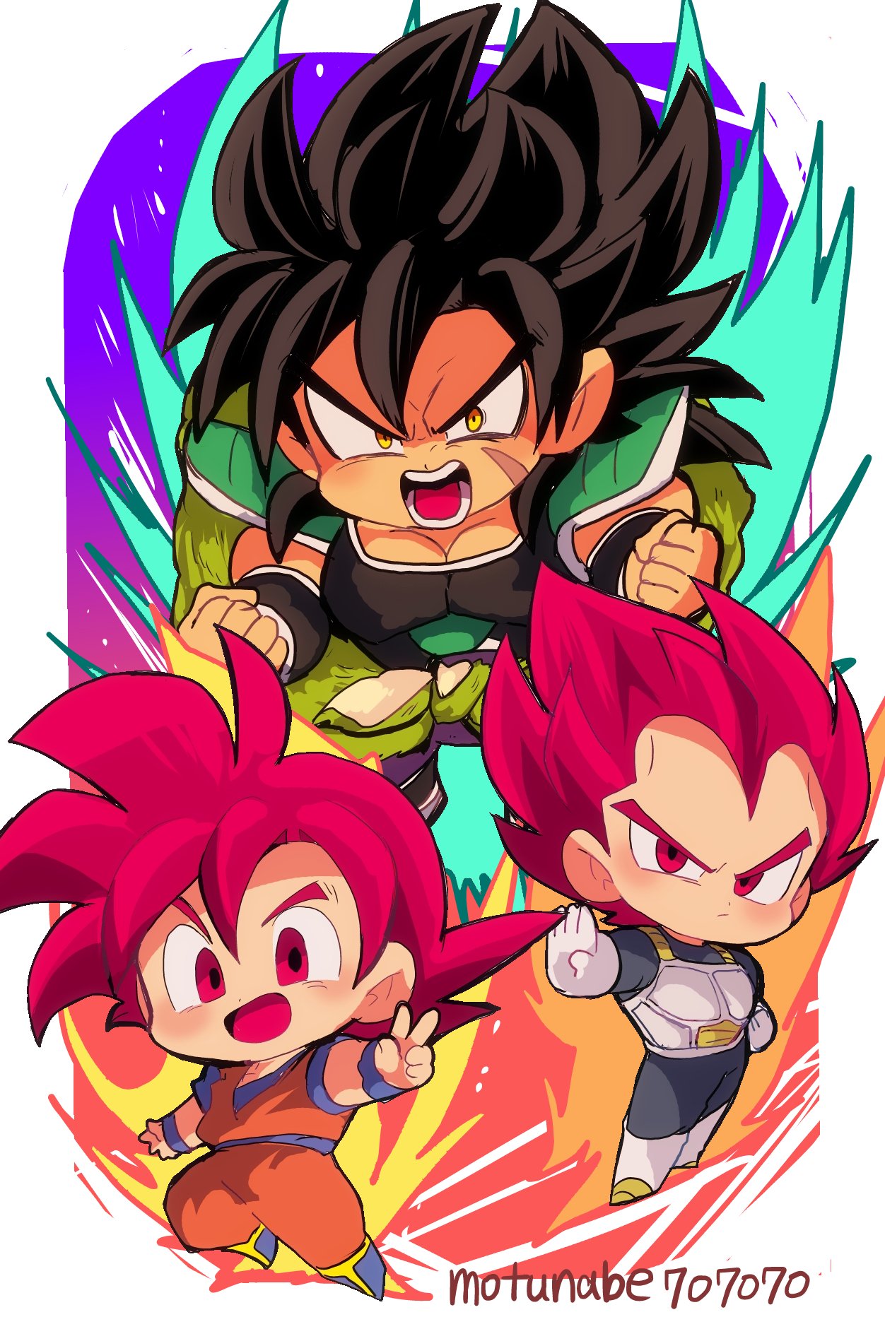 3boys, armor, artist_name, aura, biceps, black_hair, boots, broly_(dragon_ball_super)