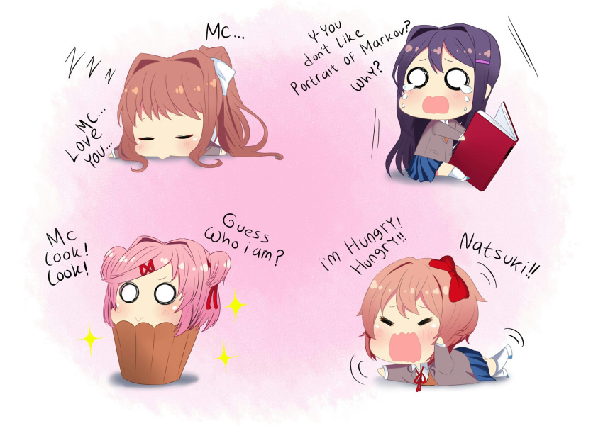 4girls, angon623, blush, book, bow, chibi, collar, cupcake, doki_doki_literature_club, english_text, food, hair_ornament, hairclip, highres, holding, holding_book, long_hair, long_sleeves, monika_(doki_doki_literature_club), multiple_girls, natsuki_(doki_doki_literature_club), neck_ribbon, o_o, open_book, pink_hair, pleated_skirt, ponytail, purple_hair, red_bow, red_ribbon, ribbon, sayori_(doki_doki_literature_club), school_uniform, shoes, short_hair, skirt, sleeping, tears, uwabaki, wavy_mouth, white_collar, yuri_(doki_doki_literature_club)