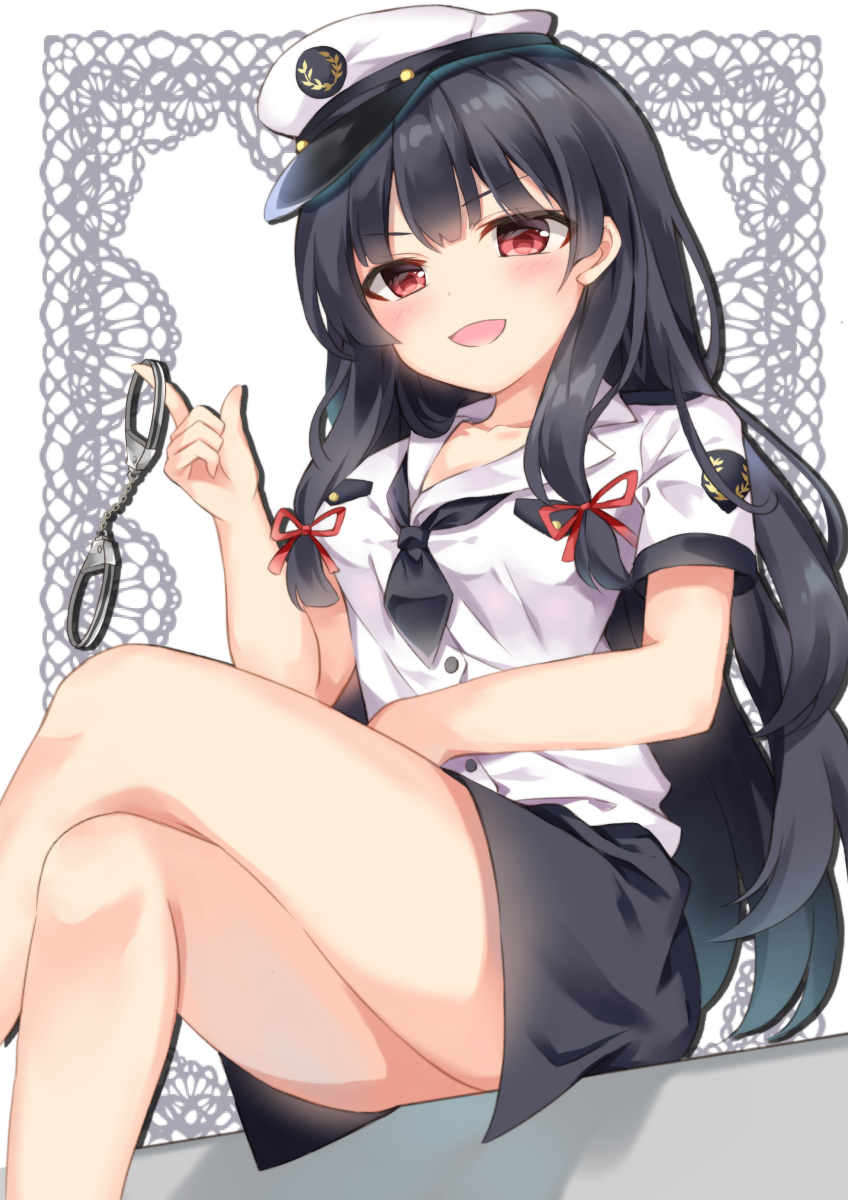 1girl, arm_across_waist, arm_rest, arm_up, bangs, black_hair, black_neckwear, black_skirt