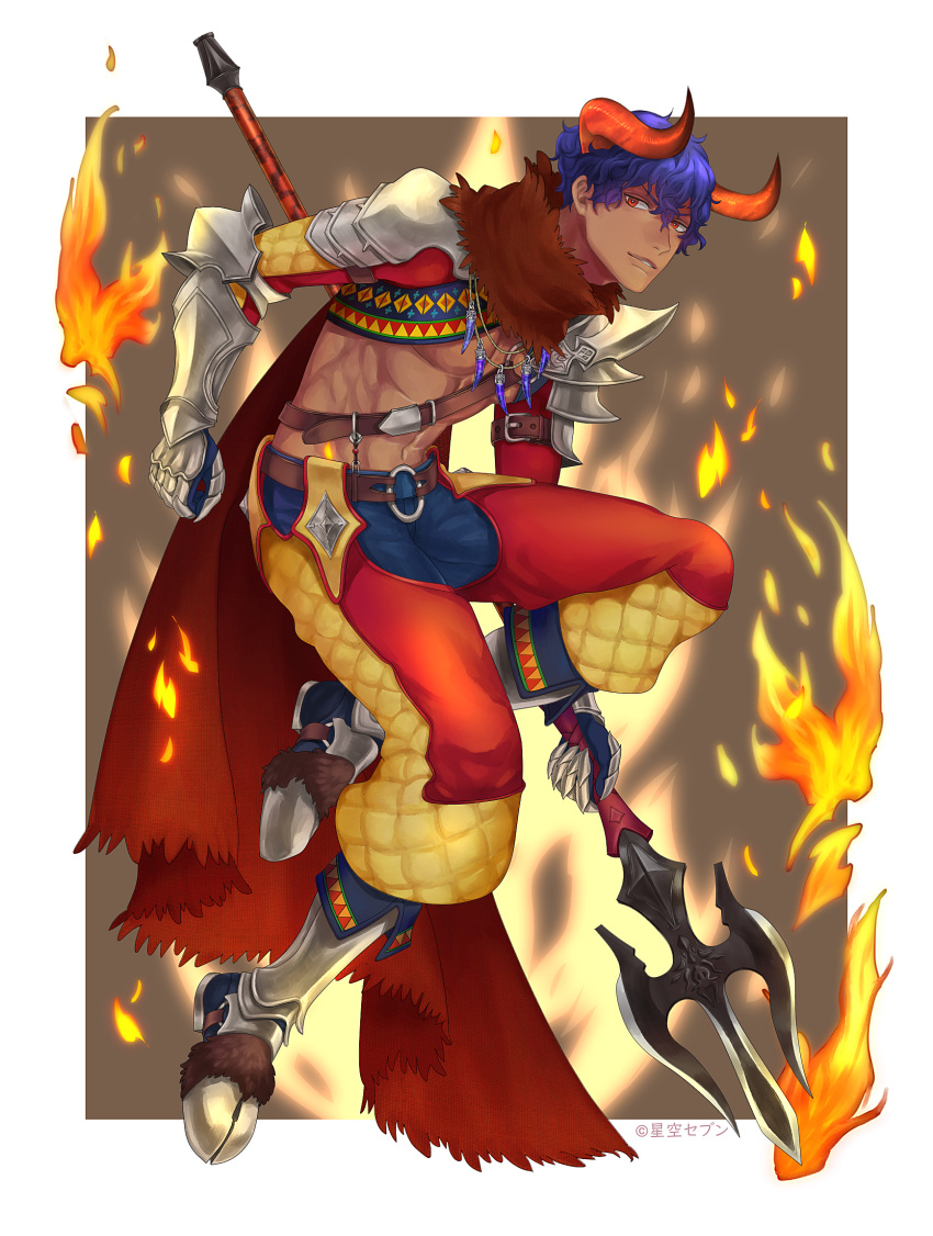 1boy, abs, belt, blue_hair, cape, dark_skin, dark_skinned_male, fire, food_fantasy, full_body, gauntlets, grey_background, grey_footwear, highres, holding, holding_weapon, horns, jewelry, jumping, looking_at_viewer, male_focus, navel, necklace, pants, parted_lips, polearm, red_cape, red_eyes, red_pants, sevenlions, simple_background, solo, steak_(food_fantasy), trident, weapon, white_background