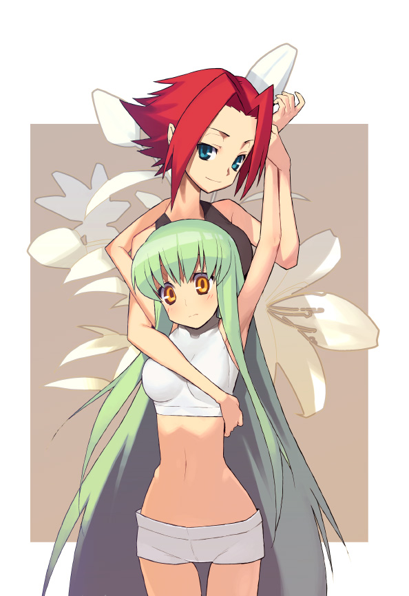 blue_eyes, blush, c.c., cc, code_geass, flower, green_hair, kallen_stadtfeld