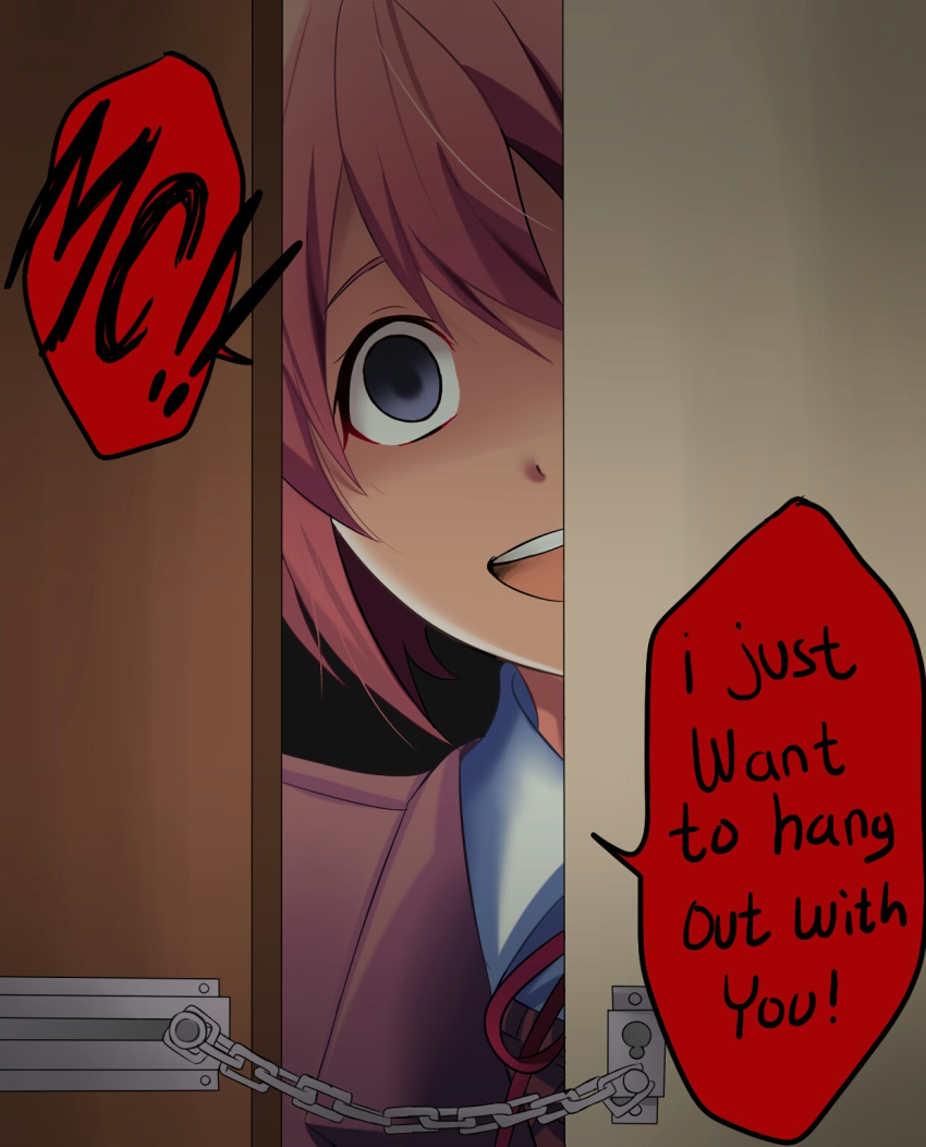 1girl, angon623, chains, collar, doki_doki_literature_club, door, highres, higurashi_no_naku_koro_ni