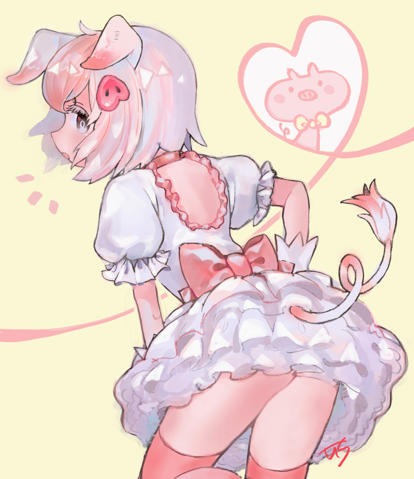 1girl, animal_ears, ass, back_bow, black_eyes, bow, commentary_request, dress