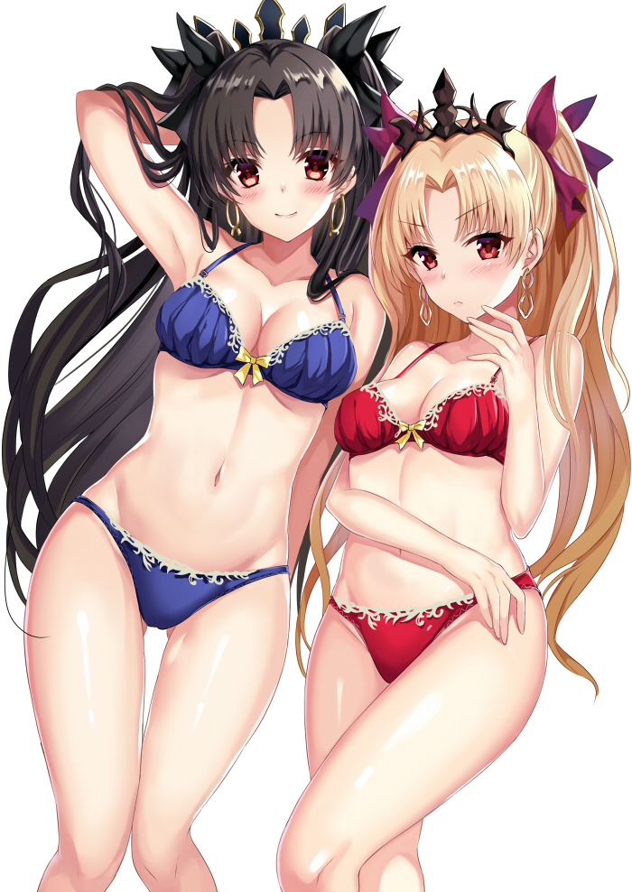 2girls, arm_across_waist, arm_behind_head, bangs, bare_shoulders, black_hair, blonde_hair, blue_bra
