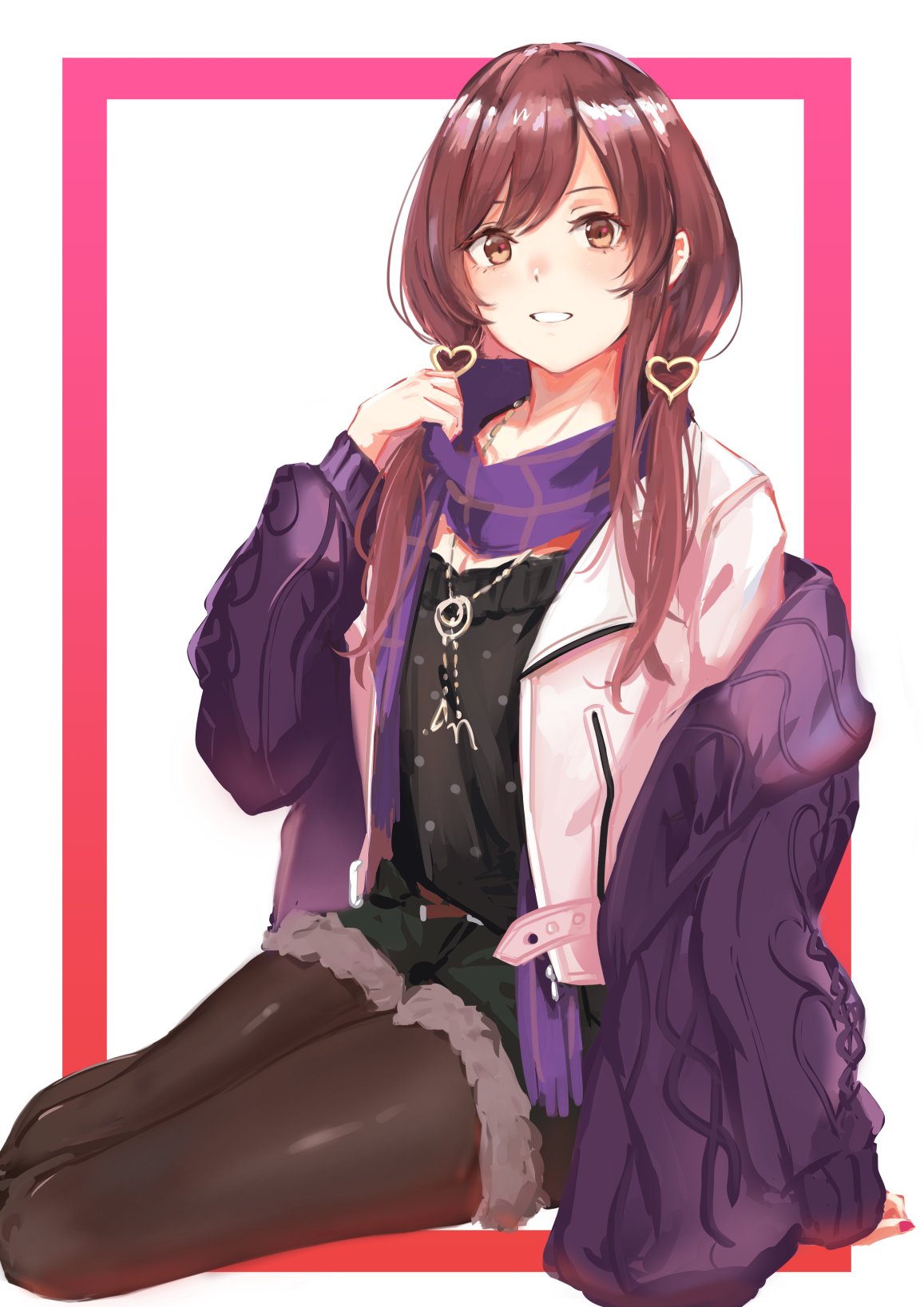 1girl, arm_support, bangs, black_shirt, black_shorts, brown_eyes, brown_hair, brown_legwear