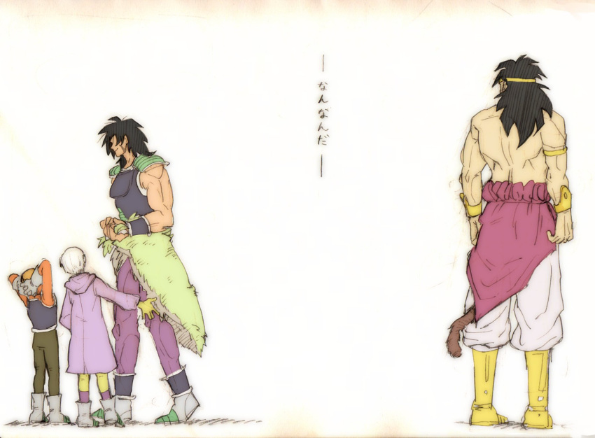 1boy, 1girl, 3boys, alien, armor, asazaki_mieko, back, black_hair, boots, bracelet, broly, broly_(dragon_ball_super), brown_pants, chirai, crossover, dark_skin, dark_skinned_male, dragon_ball, dragon_ball_super, dragon_ball_super_broly, dual_persona, gloves, green_skin, hat, highres, hood, jewelry, lemo_(dragon_ball), long_hair, looking_at_another, multiple_boys, muscle, pants, pelt, purple_coat, saiyan, scar, size_difference, sleeveless, smile, spiky_hair, tail, translation_request, walking, white_gloves, white_hair, wristband