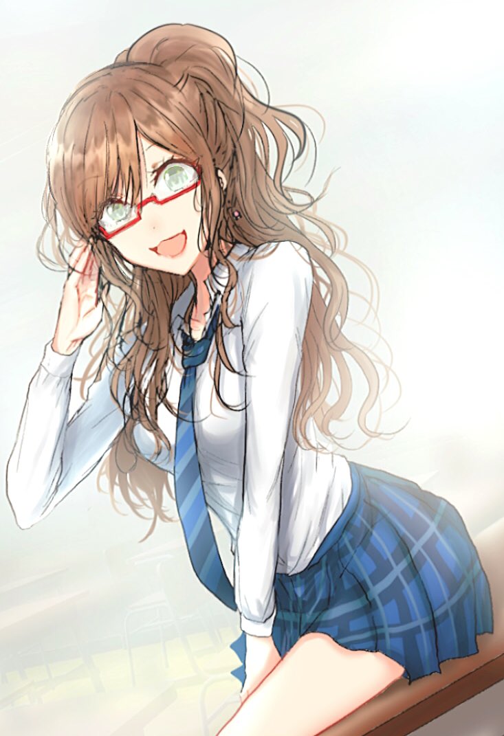 1girl, accessories, bang_dream!, brown_hair, checkered, checkered_skirt, earrings, glasses