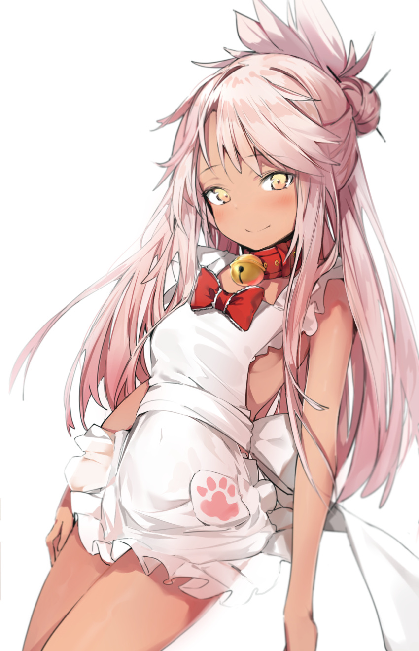 1girl, apron, bangs, bare_arms, bare_shoulders, bell, bell_collar, blush
