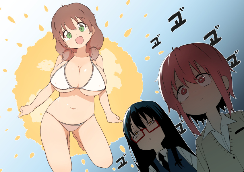 bikini, blush, breasts, brown_hair, bural_chingu, cardigan, eyebrows_visible_through_hair, glasses
