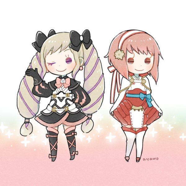 2girls, artist_name, ayawo, black_bow, black_legwear, blonde_hair, bow, chibi