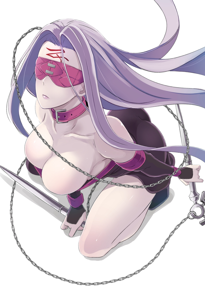 1girl, ass, bare_shoulders, blindfold, breasts, butcha-u, chains, cleavage