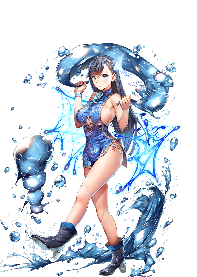 1girl, asymmetrical_bangs, bangs, bare_legs, blue_eyes, blue_flower, blue_footwear, blue_hair, blue_rose, boots, breasts, bug, butterfly, china_dress, chinese_clothes, dress, eyebrows_visible_through_hair, flower, full_body, hair_between_eyes, hair_ornament, hairband, high_heel_boots, high_heels, holding_water, insect, kicking, large_breasts, lolicept, long_hair, longji_gongzhu_(sennen_sensou_aigis), official_art, panties, rose, sennen_sensou_aigis, shiny, shiny_skin, side-tie_panties, sideboob, sidelocks, sleeveless, solo, splashing, standing, tachi-e, taut_clothes, taut_dress, thighs, transparent_background, under_boob, underboob_cutout, underwear, water, water_butterfly, water_drop, white_panties, wristband