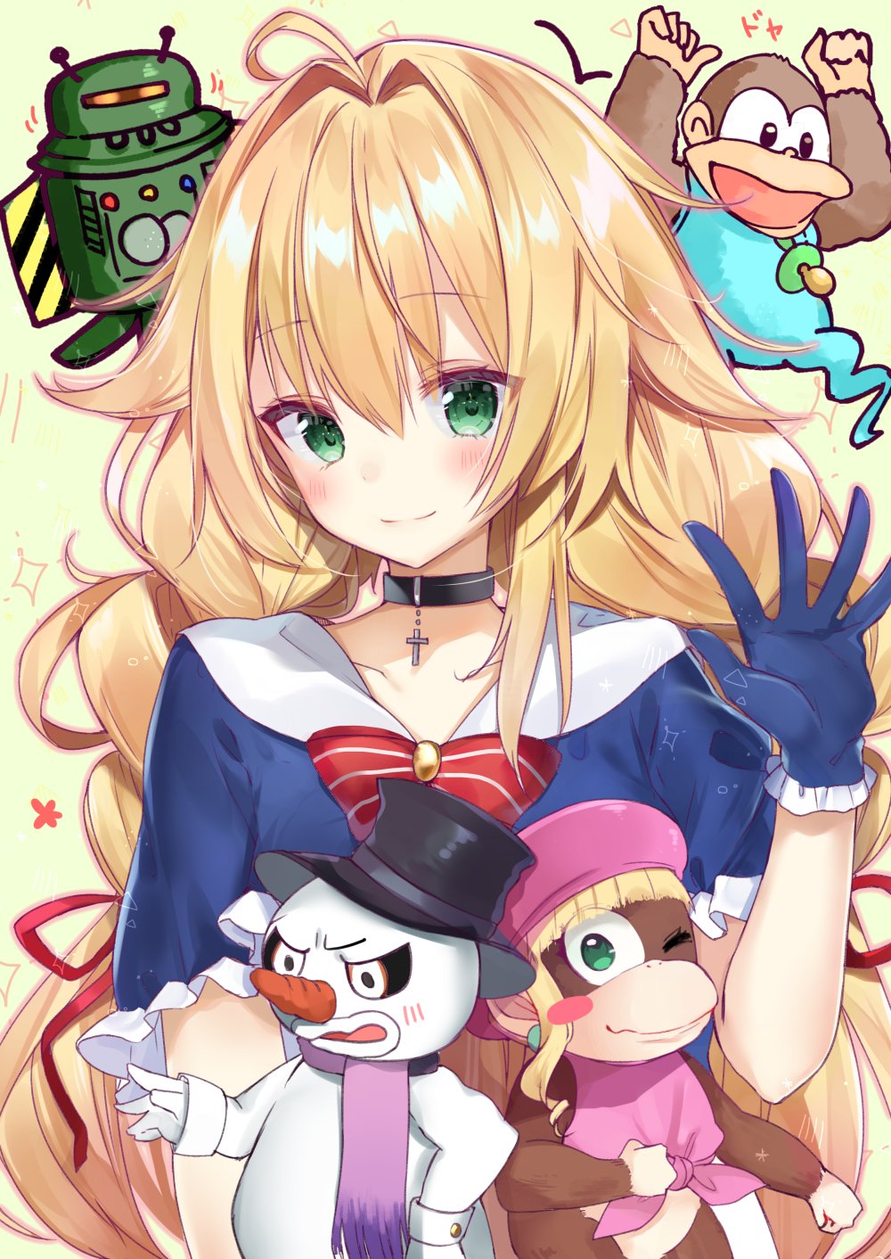 2boys, 2girls, ;), ahoge, ape, arms_up, bangs, beige_background