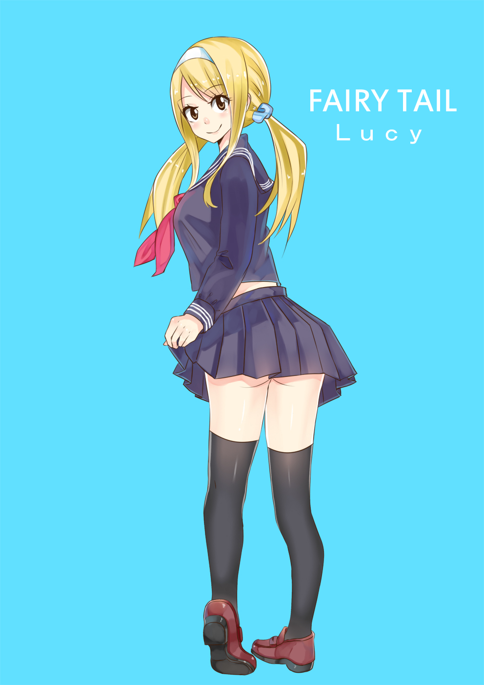 1girl, ass, black_legwear, black_sailor_collar, black_serafuku, black_shirt, black_skirt, blonde_hair, blue_background, blue_scrunchie, brown_eyes, character_name, copyright_name, eyebrows_visible_through_hair, fairy_tail, from_behind, hair_ornament, hair_scrunchie, hairband, highres, loafers, long_hair, long_sleeves, looking_at_viewer, lucy_heartfilia, miniskirt, neckerchief, pleated_skirt, red_footwear, red_neckwear, sailor_collar, school_uniform, scrunchie, serafuku, shirt, shoes, simple_background, skirt, smile, solo, standing, thigh-highs, twintails, white_hairband, xsorax812